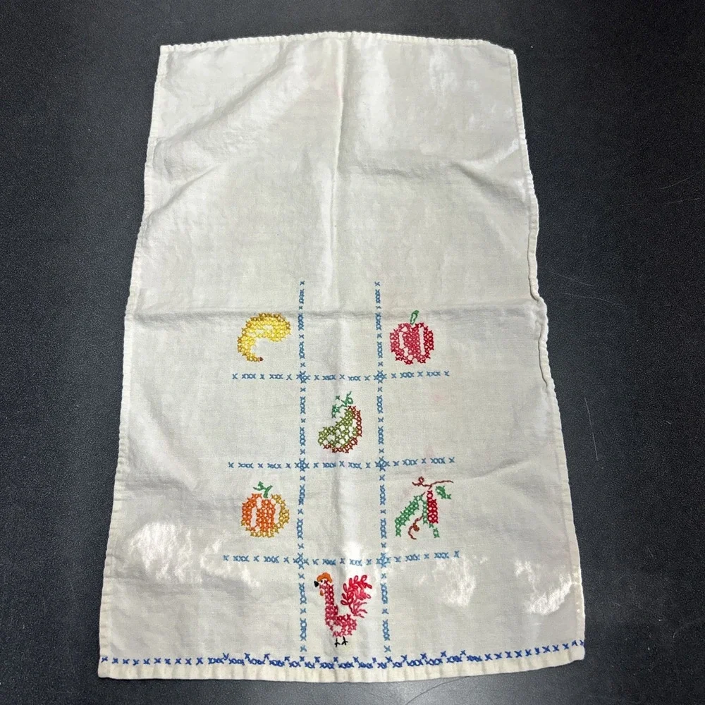 Hand Sewn Cross Stitch Kitchen Towel Vintage Fruits Rooster Vegetables